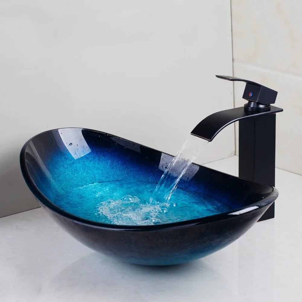 Bathroom Sink Washbasin Tempered Glass Hand-Painted Black Oil Rubbed BronWaterfall Sink Tap Lavatory Brass Set Faucet Mixer Tap
