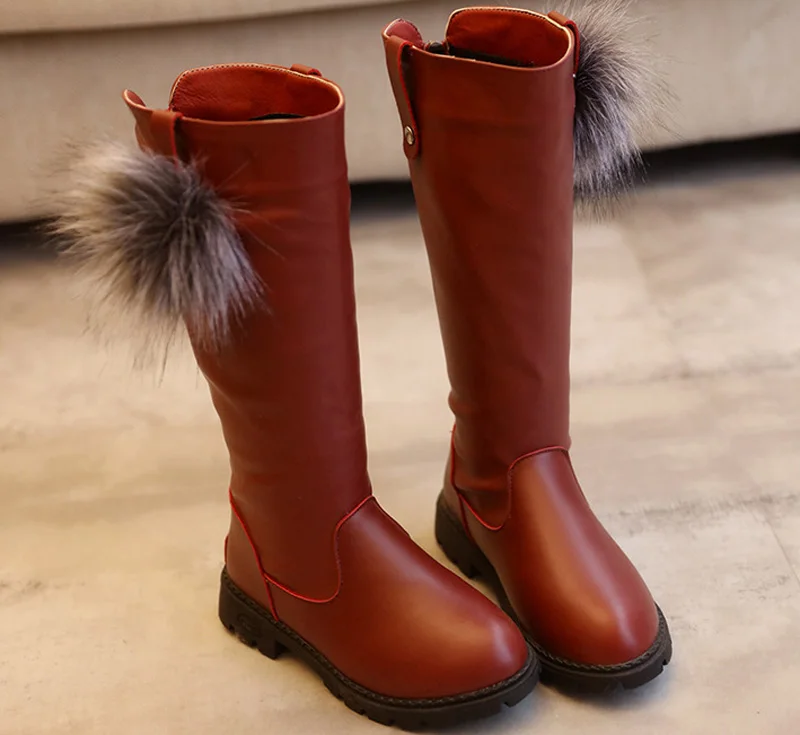 Модные Меховые детские ботинки для девочек осенне-зимняя детская обувь сапоги до колена для девочек, 3 цвета, высокие детские ботинки CSH543 - Цвет: red wine