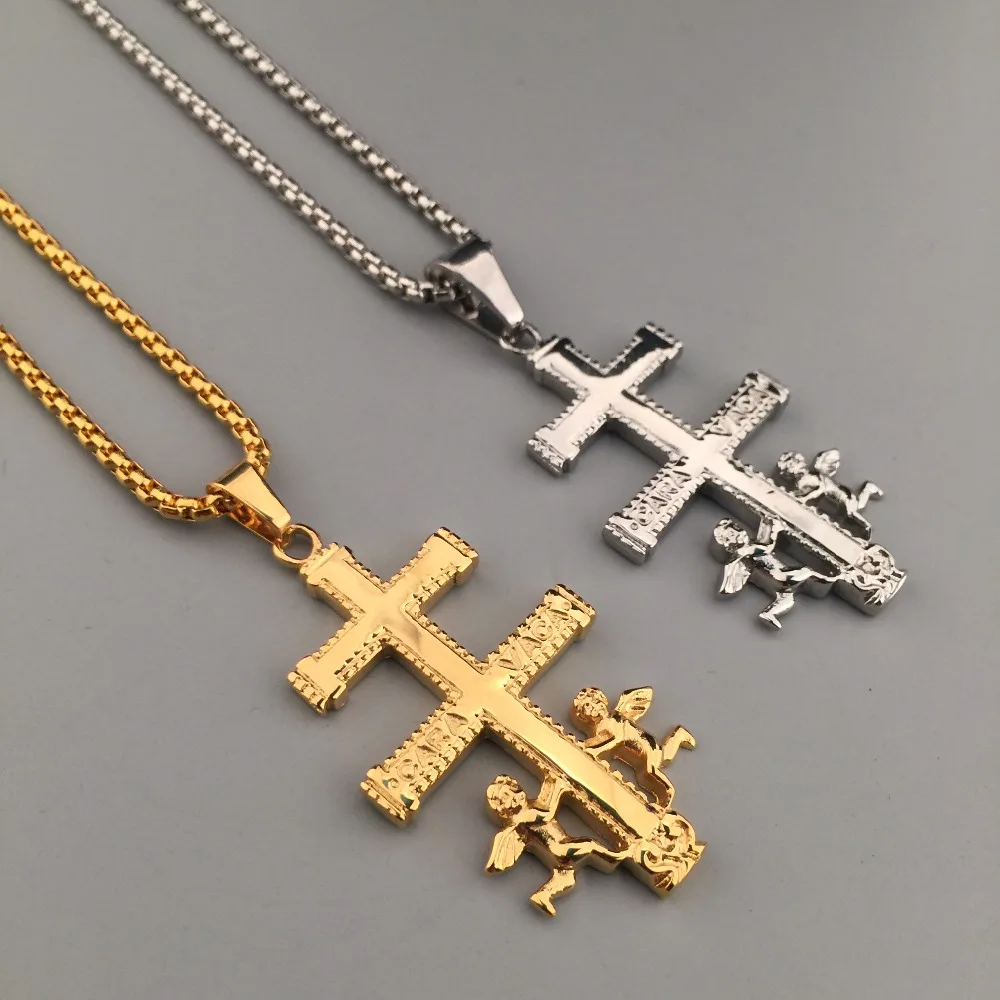 

Hip Hop Caravaca Cross Pendant Hip Hop 70cm Boxing Link Chain Titanium Steel Angel Pendant Mens Jewelry
