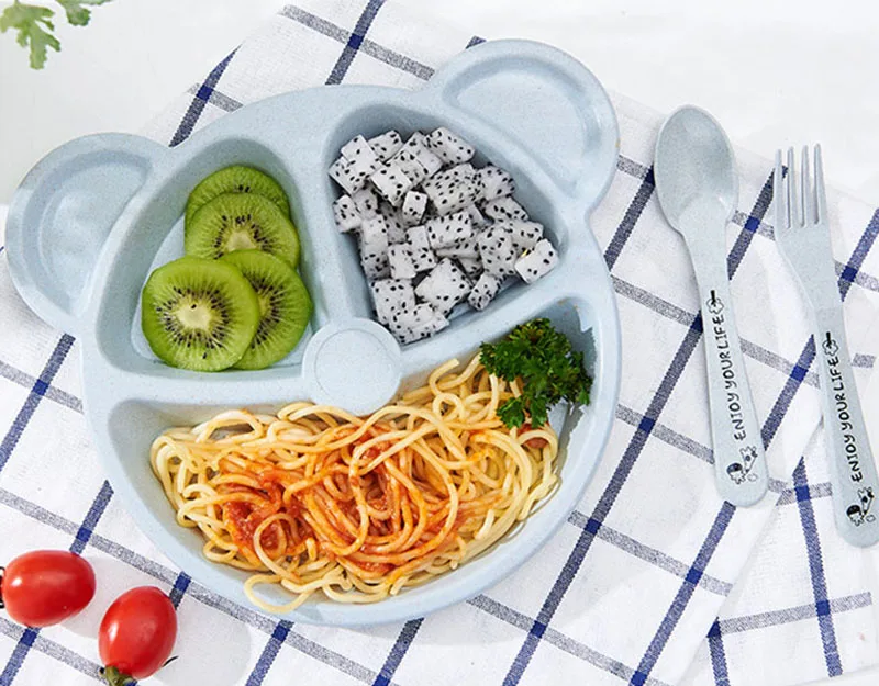 3Pcs Baby Bamboo Food Storage Tableware Kids Plate Spoon Fork Solid Dishes Newborn Children Eco-friendly Dinnerware Set BB5129 (5)