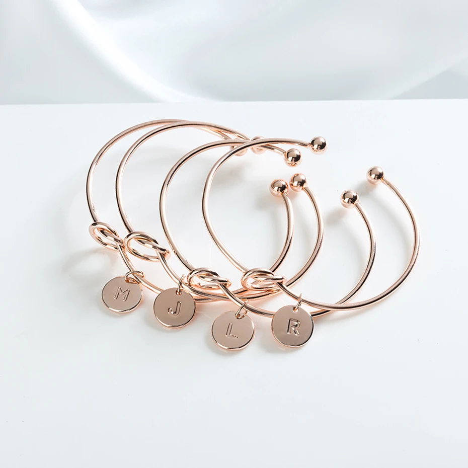 Trendy Tie knotted Open Cuff Bangle Rose Gold Sliver Coin 26 Letters Initial Charm Bracelets Wire Love Bangles For Women (1)