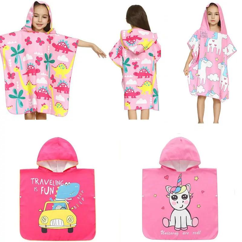 Billig Neue Nette Karton Kinder Mit Kapuze Mantel Strand Handtücher Tier Gedruckt Mikrofaser Absortbent Pool Schwimmen Dusche Bademantel für Junge Mädchen