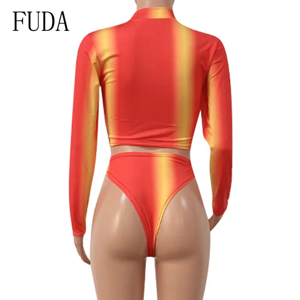 FUDA 2 Pcs Set Women Bikini Swimsuit Long Sleeve Sun Protection Bathing Suit Print Striped High Waist Spa Swimsuit Surfing Wear FUDA 2 Pcs Set Women Bikini Swimsuit Long Sleeve Sun Protection Bathing Suit Print Striped High Waist Spa Swimsuit Surfing Wear