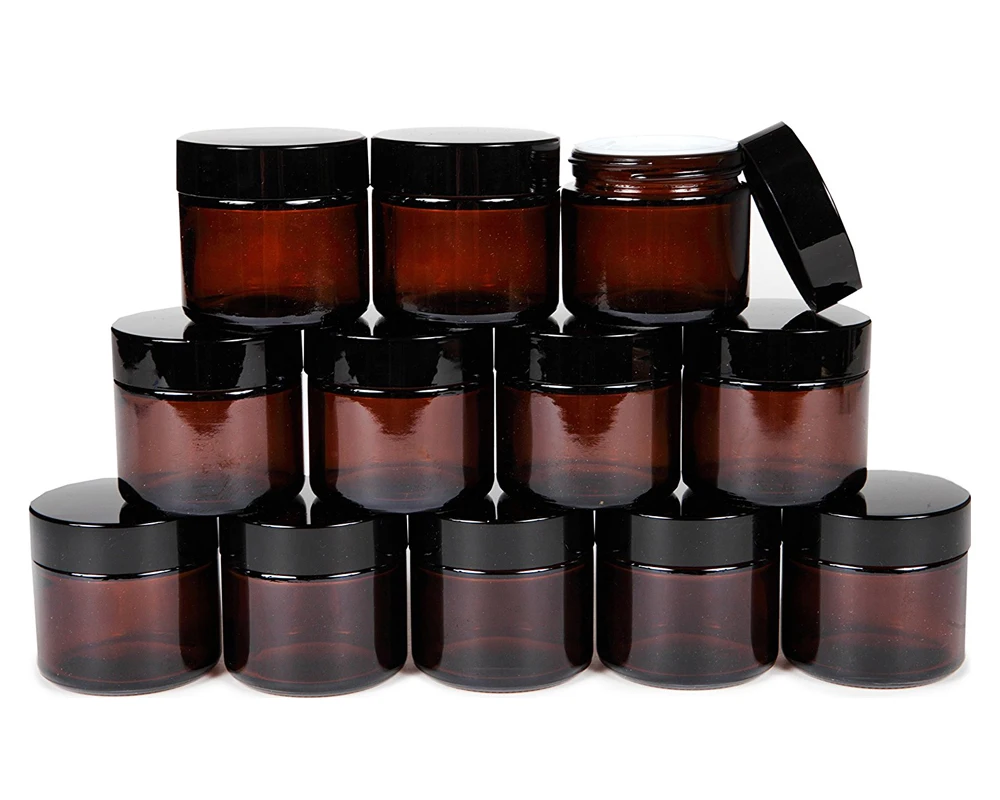 12, Amber, 2 oz, 60g ml Round Glass Jars, with Inner Liners and black