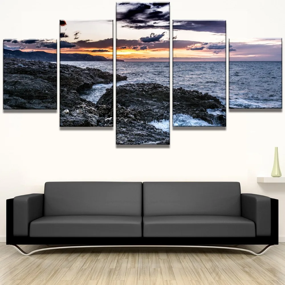 Waliicorners 5 Piece HD Print Waves And Sunset Seaview Picture Painting Canvas Wall Art Picture Home Decoration Living Room Canvas Painting 8