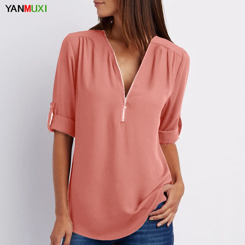 Gasa más el tamaño S-5XL Womens Casual v-cuello cremallera túnica Tops verano 2018 blusas de la manera de las mujeres Ropa Mujer