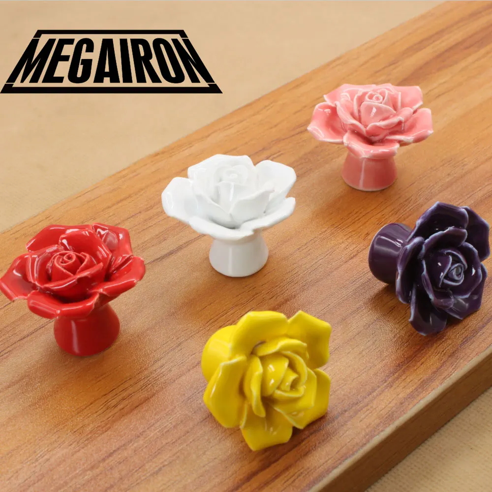 MEGAIRON روز زهرة درج المقابض السيراميك مجلس الوزراء المقابض ثقب واحد مضمد المقابض دولاب مطبخ مقابض الاطفال غرفة نوم مقابض