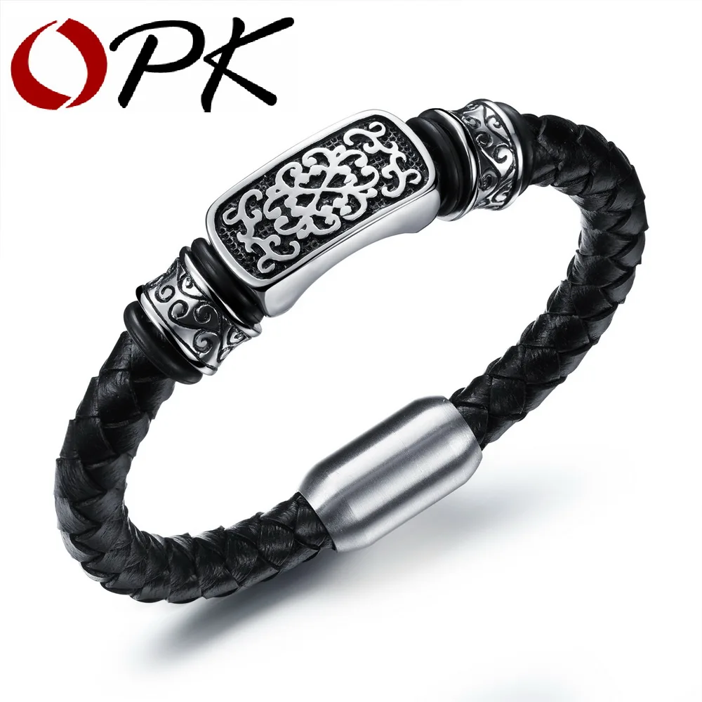 OPK Handmade Leather Knitted Bangles For Man Rock Style Stainless Steel