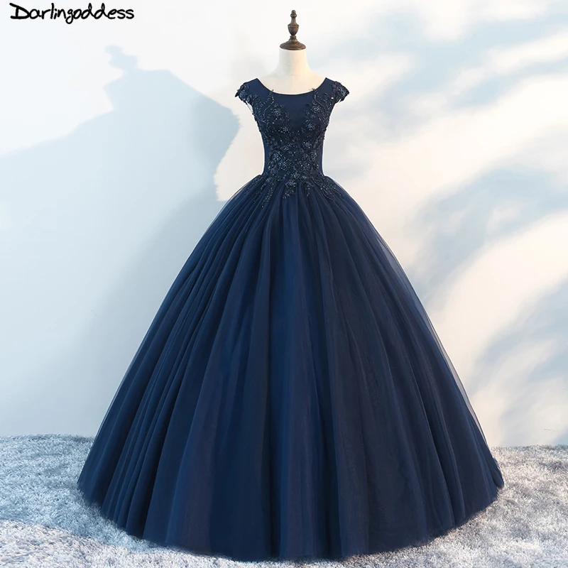 

Navy Blue Tulle Ball Gown Evening Dress 2018 Long Elegant Women Formal Dress Heavy Beaded Lace Up Open Back Sweet 16 Dresses