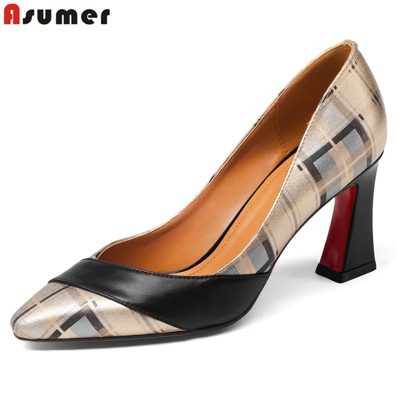 Vente ASUMER Grande taille 34 43 nouveau top qualité en cuir véritable chaussures femme bout pointu été femmes pompes à talons hauts dames robe chaussures