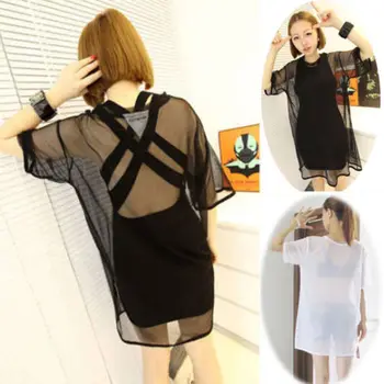 

Sexy T-sgirt Hot Womens See through Sheer Mesh Short Sleeve T Shirt Oversize Loose Solid Color O-Neck Tee Tops