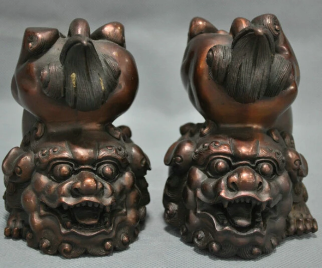 

5" China Fengshui Peking Foo Dog Lion Playing Bronze Statue R0713 B0403