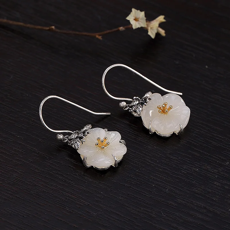 

Pure Silver Retro Mosaic and Hotan Jade, White Jade, Plum Blossom, Butterfly, High-grade Women's Earrings and Earrings