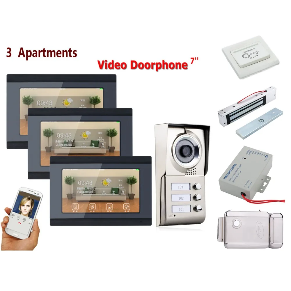 

Home set 7inch Record wireless Wifi 3 Apartments Video Door Phone Intercom System 1000TVL Camera Doorbell Camera +Electric Lock