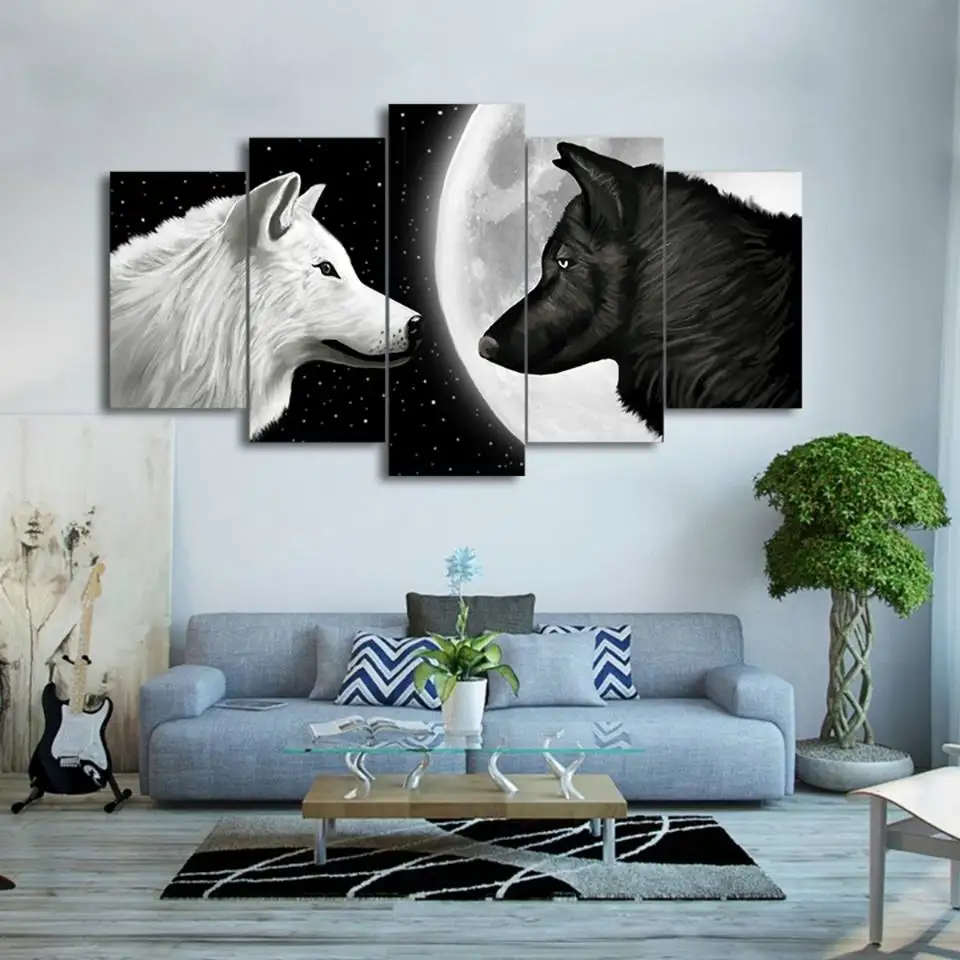

Canvas Painting Print Poster Wall Art Framework Modular 5 Panel Animal Black And White Wolf Pictures For Living Room Decorative