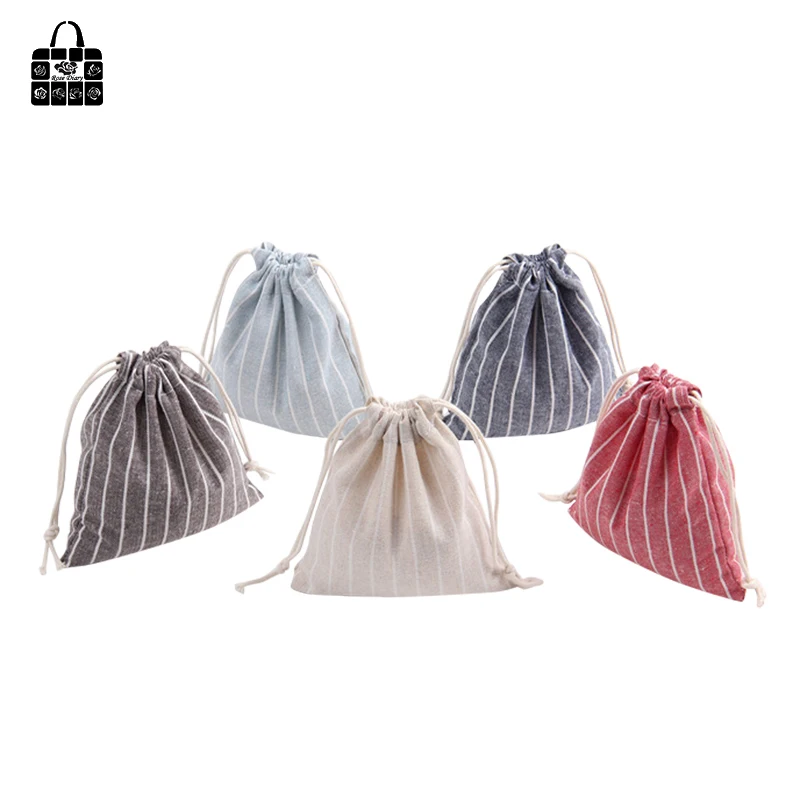 Rose Diary Simple Striped Pocket 100% Cotton Linen Pouch Travel Clothing Bunch Bag Portable Drawstring Pocket Organizers Bag