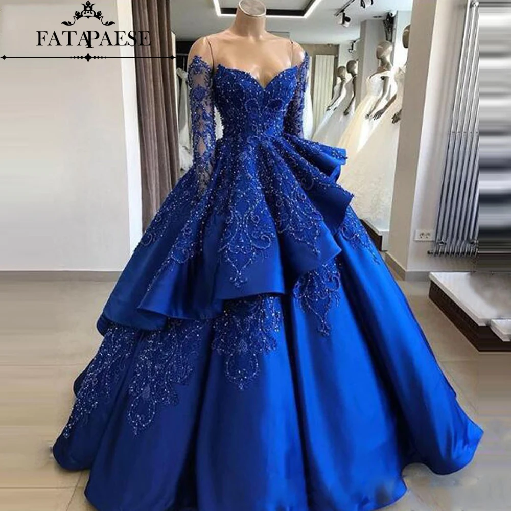 Muslim Dubai Ball Gown Long Sleeves Royal Blue Evening Dresses Long 2019 Luxury Beaded Sweetheart Chic Long Prom Party Gown
