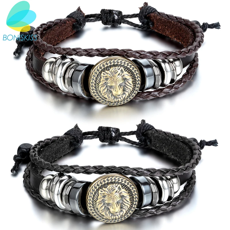 

BONISKISS Europe Punk Hand Made Braided Charm Bracelet Bangles Gold Lion Head Wristband Cuff Leather Bracelet For Men Adjustable