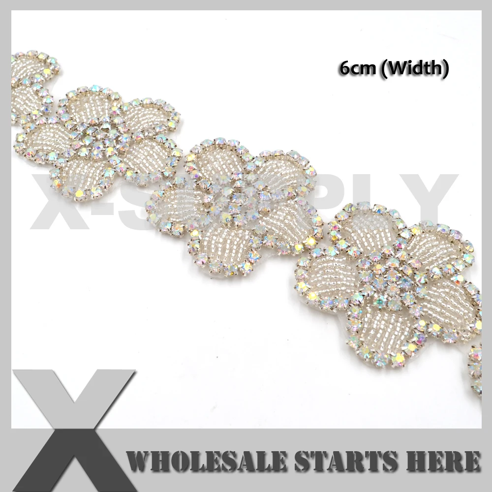 (6cm Width) Clear AB Rhinestone Applique Beaded Trimming for Wedding
