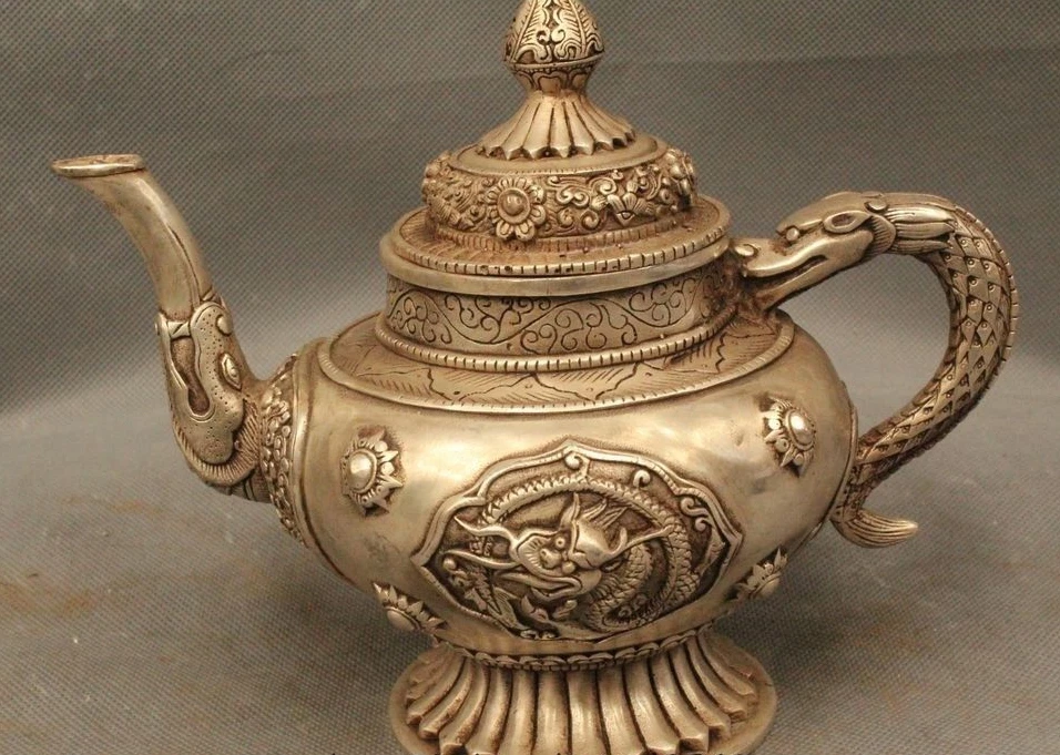 

7" Chinese Dyansty Silver Painting Dragon Handle Beast Wine Tea Pot Flagon