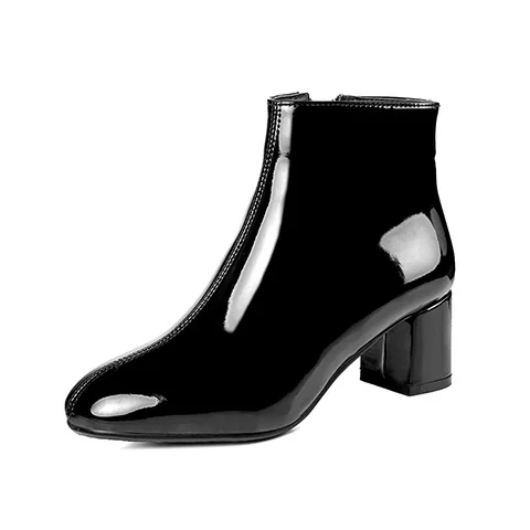 Европейский уличный стиль; лакированные ботильоны с круглым носком на молнии; цвет черный, красный, белый; сапоги для верховой езды на Высоком толстом каблуке; женская обувь - Цвет: black