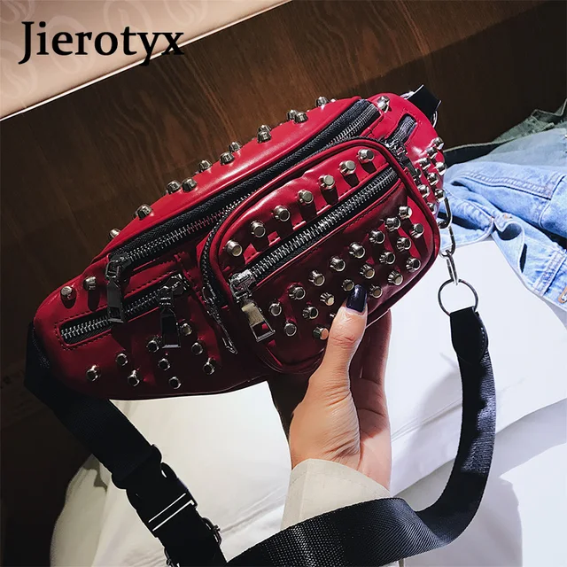 JIEROTYX Sexy Rivets Waist Packs Waist Bag Fanny Pack Purse Chest Fanny Pack Travel Cashier Belt Bag Women Hip-hop Rock Punk 5
