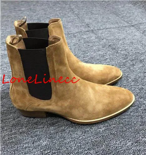 

2018 fashion new men's boots slip on pointed toe suede leather chelsea boots med heel men boots party dress booties