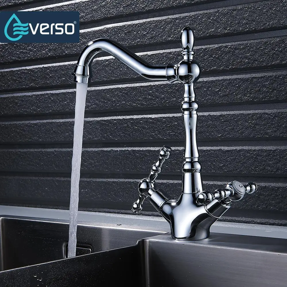 

EVERSO Retro Style Double Handle Kitchen Faucet Tap Brass Hot and Cold Water Tap 360 Degree Rotating
