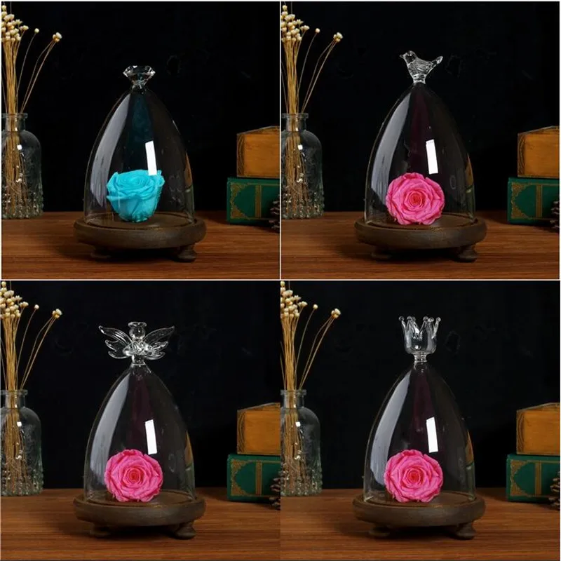 Diameter=10cm Glass Dome Vase with Coffee Wood Base Home Decoration Different Top Glass Dome Friend Gift Wedding Decoration
