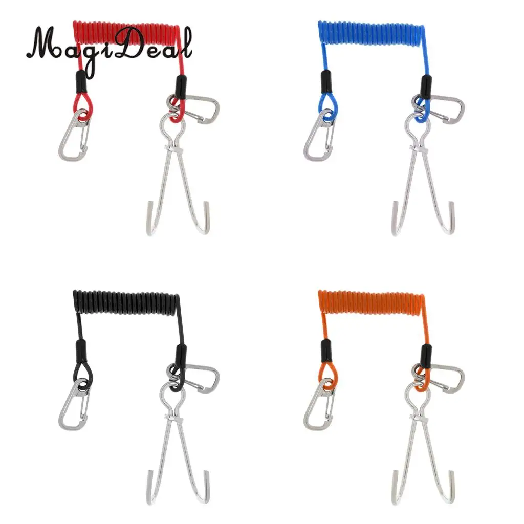 MagiDeal High Strength Scuba Diving Reef Double Hooks&Spiral Coil Lanyard+Carabiner Kit for Drift Dive Swiming Underwater Sport
