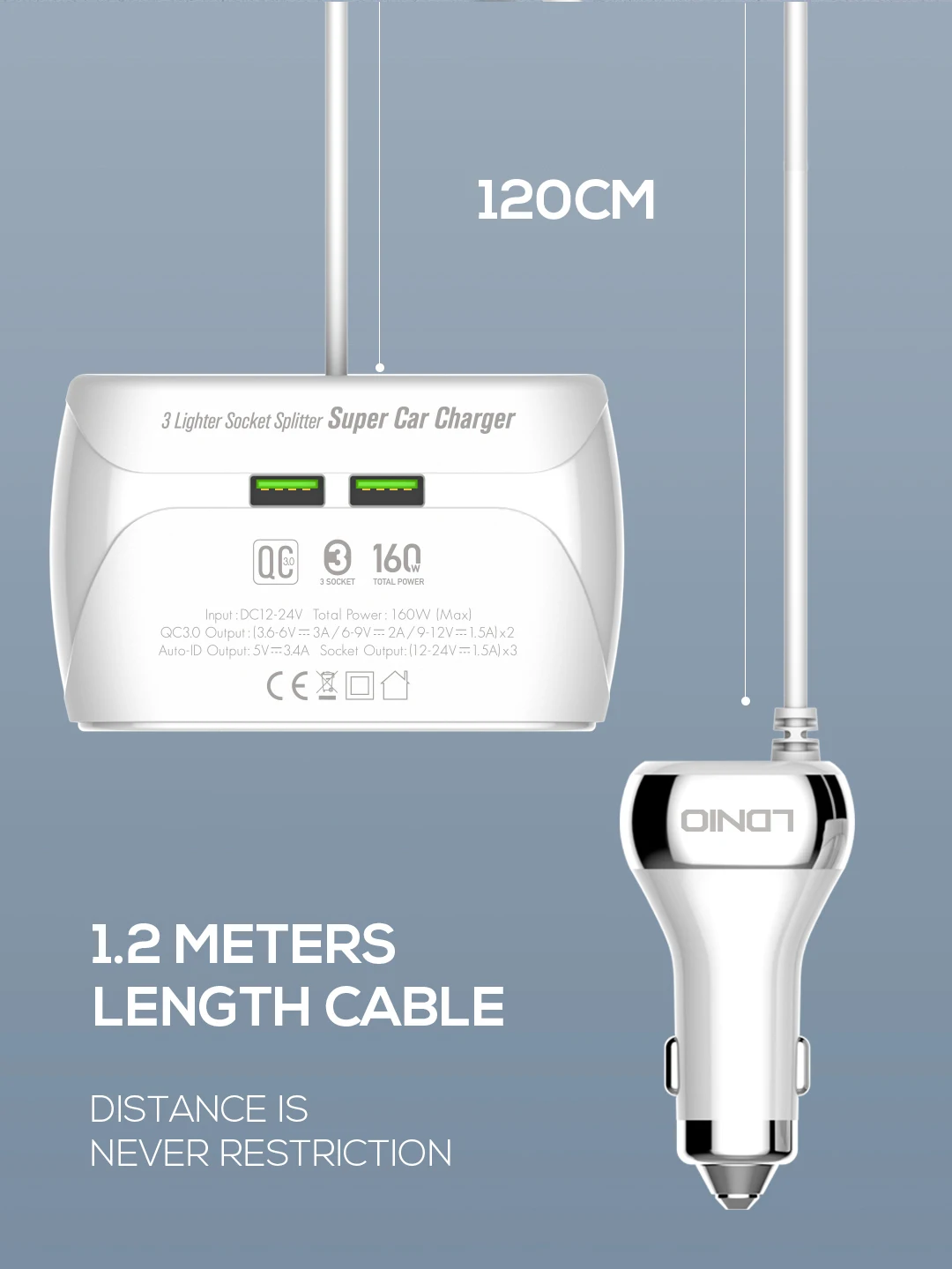 LDNIO C504 Dual QC3.0 Fast Car Charger With 3 Slot Socket Adapter description image 13