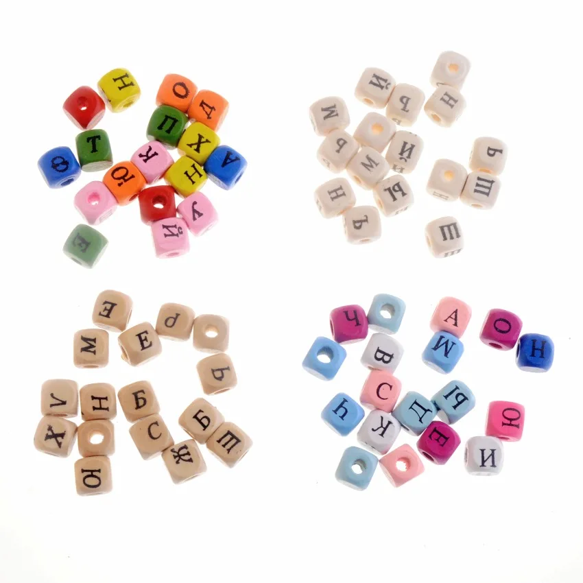 

Hot 50pcs 10mm Random Mix Russian Alphabet Letter Square Charm Wood Spacer Beads Wooden Beads For Baby Smooth Jewelry Making DIY