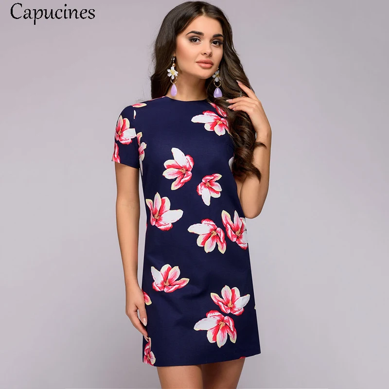

Capucines Simple Style Summer Printed Dress Female Casual O-Neck Short Sleeve Slim Straight Dress Party Mini Dresses For Women
