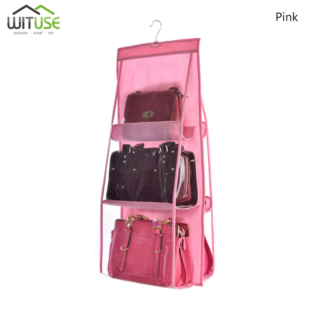 Foldable Hanging Bag 6 Pocket Folding Shelf Bag Purse Handbag Organizer Door Sundry Pocket Hanger Storage Closet Hanger - Цвет: pink