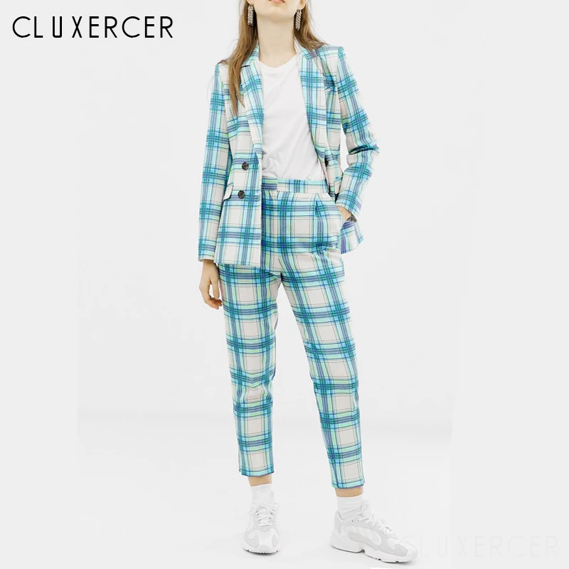 

Double Breasted Women 2 Piece Set Elegant Light Blue Notched Blazer Jacket + Pant Suits 2019 Spring Office Wear Women Suits
