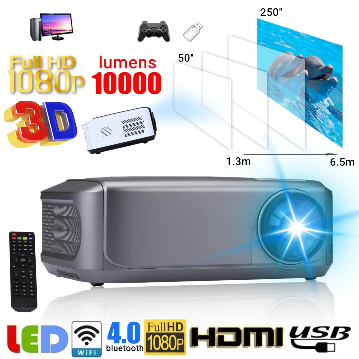 

EU Plug 1080P LED HD Mini Projector 10000 lumens Contast ratio 1000:1 for Home Cinema