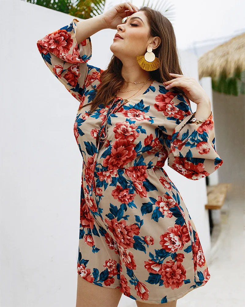Original Design Spring and Summer Women's Large Size Jumpsuit Sexy Long-sleeved Printed Shorts Jumpsuit Women's Clothing 0533