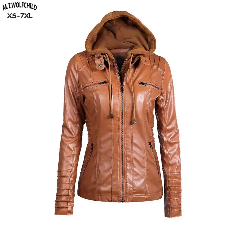 Мода 2018 для женщин осень зима с капюшоном куртка из искусственной кожи тонкий мото куртки плюс размеры 7xl повседневное Молния Дамы пальт
