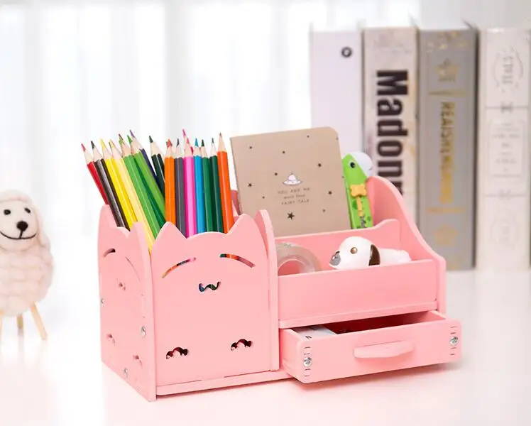 Desktop DIY Cute Cat Pattern Pen Stationary Holder DIY Pen Stationary Storage Box