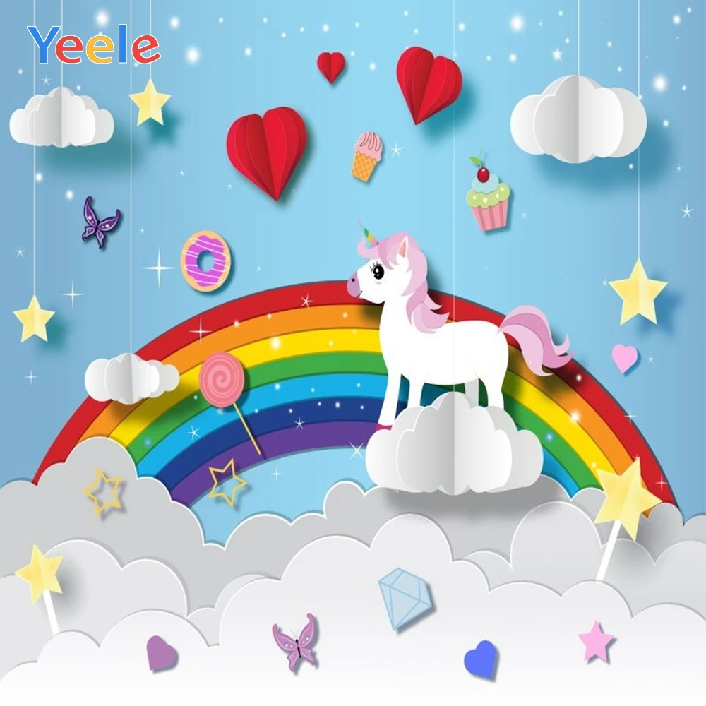 

Yeele Children Baby Birthday Party Cartoon Rainbow Cloud Photography Backdrops Custom Photographic Backgrounds For Photo Studio