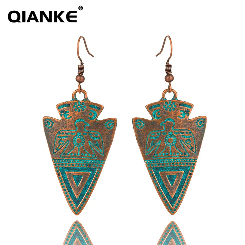 QIANKE Vintage Big Alloy Drop Earrings for Women Long Boho Ethnic Green Triangle Bronze Dangle Earring Fashion Jewelry Wholesale | Украшения