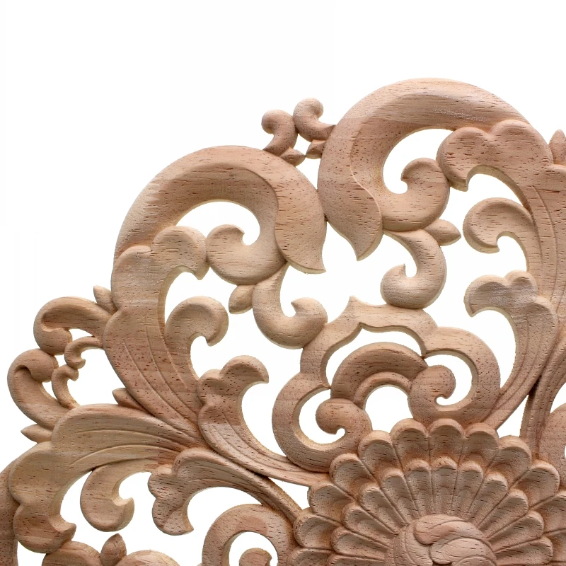RUNBAZEF Woodcarving Furniture Decoration Solid Wood Door Round Applique Flower Him Miniature Crafts Figurine