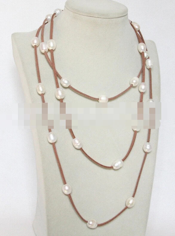 

06449 Baroque 30 piece beads white pearls khaki square leather necklace