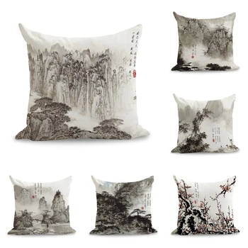 

Ink Wash Chinese Traditional Mountains Landscape Painting Pillows Linen Couch Seat Cushion Throw Pillow Home Decor Gift