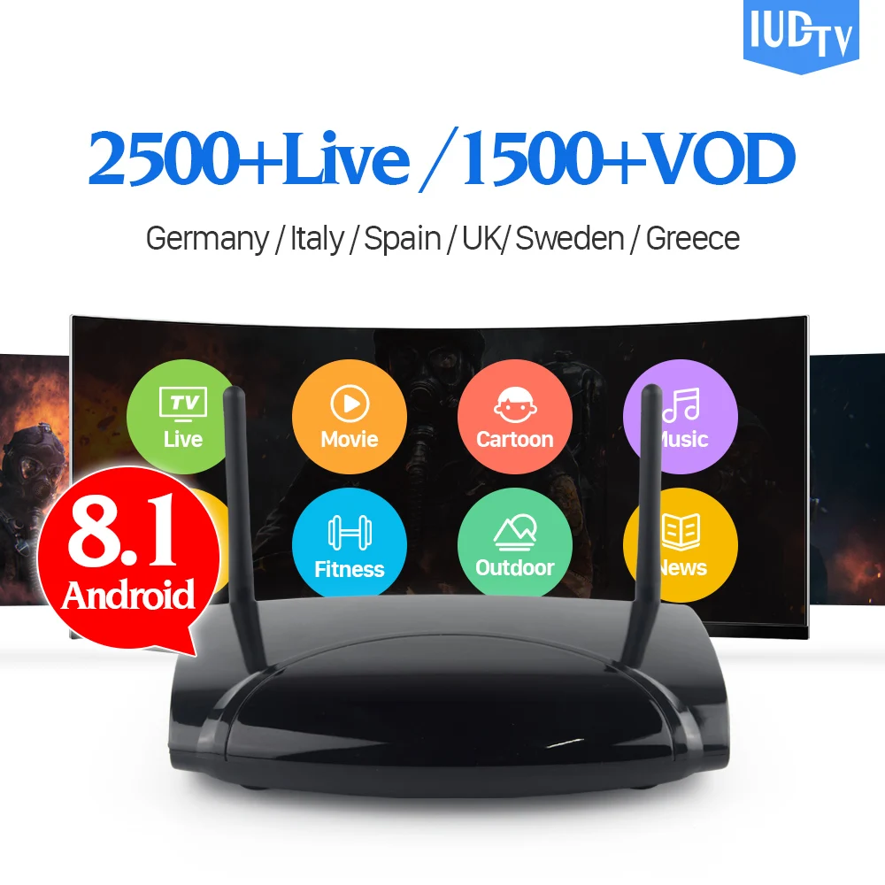 

IPTV Spain Italy UK Germany Sweden Subscription IUDTV Code R2 Smart Android 8.1 TV Box Europe Spain Italy Arabic IPTV Box