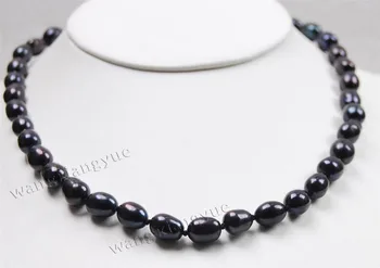 

XZTY5467 FREE shipping> >>>>8X10MM Rice-Shape Black Akoya Cultured Pearl Necklace AA+ 17"
