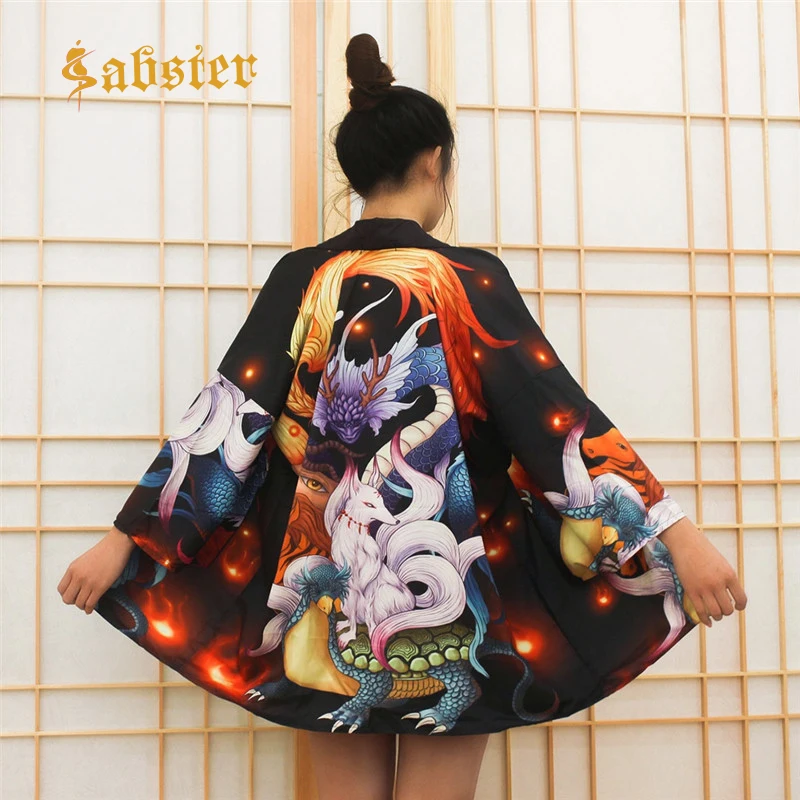 

2019 Summer Harajuku Fashion Women Blouses Vintage Kimono Dragon Print Women Blouse Thin Sun Protection Shirts Blouse XZ288