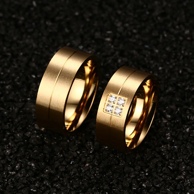 Alliance Ring for Women Men Gold Color Matte Stainless Steel Wedding Ring Lover Zirconia Couple Engagement Wedding Band Jewelry