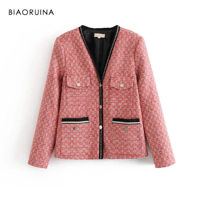 

BIAORUINA Women Tweed Plaid Chic Jacket Coat Female V-neck Single Breasted Loose All-match Coat Ladies Elegant Coats Outerwear