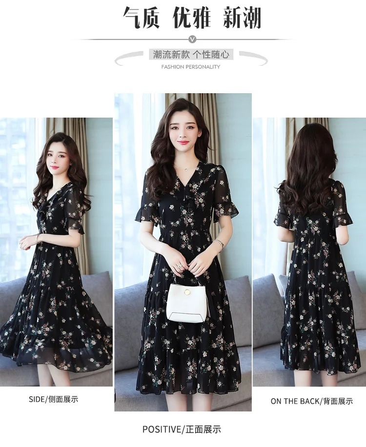 Летние женские черные винтажные цветочные шифон пляжный ветер корейское среднее длинное платье Элегантные женские S-5XL большого размера сексуальное богемное сексуальное платье с коротким рукавом взлетно-посадочно
